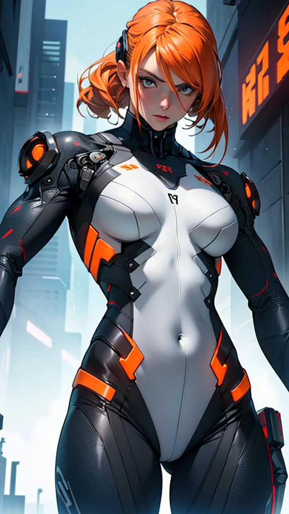 Beautiful cybernetic girl detailed muscles realistic masterpieces full figure pose (best quality,ultra-detailed), dfferent hairs styles, pale orange hair, fair skin, fit body, slim figure, narrow waist, large buttocks, (cocky expression), wearing a full carbon fiber cybernetic mobile battle suit