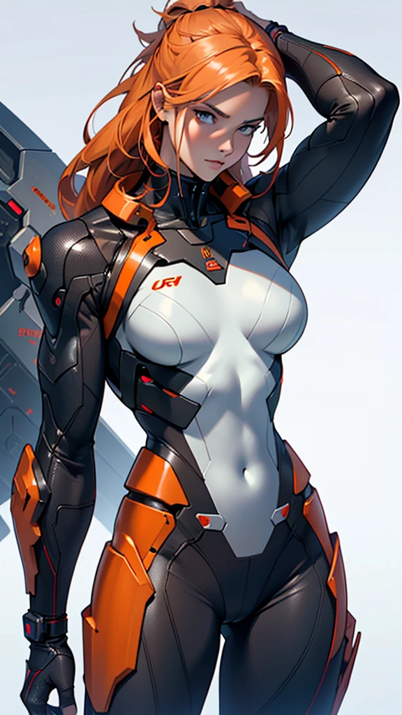 Beautiful cybernetic girl detailed muscles realistic masterpieces full figure pose (best quality,ultra-detailed), dfferent hairs styles, pale orange hair, fair skin, fit body, slim figure, narrow waist, large buttocks, (cocky expression), wearing a full carbon fiber cybernetic mobile battle suit