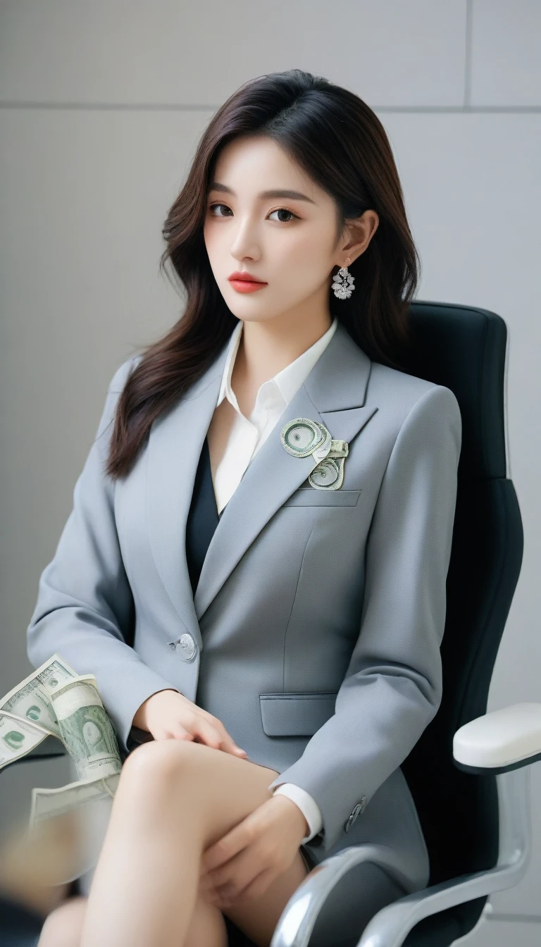Woman sitting on a chair with a lot of money hanging on the wall, Girl in suit, Girl in suit, Businesswoman, Woman in a business suit, 厳格なWearing a business suit, a Surreal , Wearing a business suit, Irelia, Jaeyoung Nam, Surreal , sakimichan, Yoon Se-sung, In a strict suit、Big Breasts、REAL