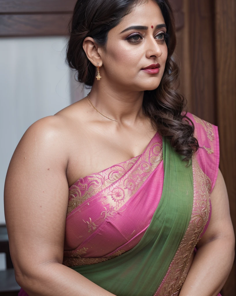 50yo mature MILF Anushka Shetty,((best quality)), ((masterpiece)), ((realistic)), eye kajal, mascara, red lips, sensual Beauty, mommy,  full figured mommy, provoking body, extreme sweat, sweat soaked skin, slight stretch marks, alluring figure,  bulging figure, thick charming lady, curvy, thick navel, full figured woman, eye kajal, massive breast, full body, styled hair, pierced eyes, female face,royal aura, trend on artstation , sharp focus, studio photo, intricate detail, very detailed, detailed eye, illustration, very detailed, sharp focus, digital render, professional, 4k