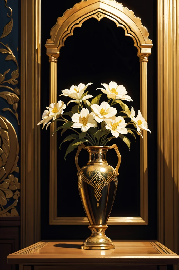 Oil painting depicting a vase of flowers, in an Islamic decor, high contrast, dramatic lighting, very textured brushstrokes