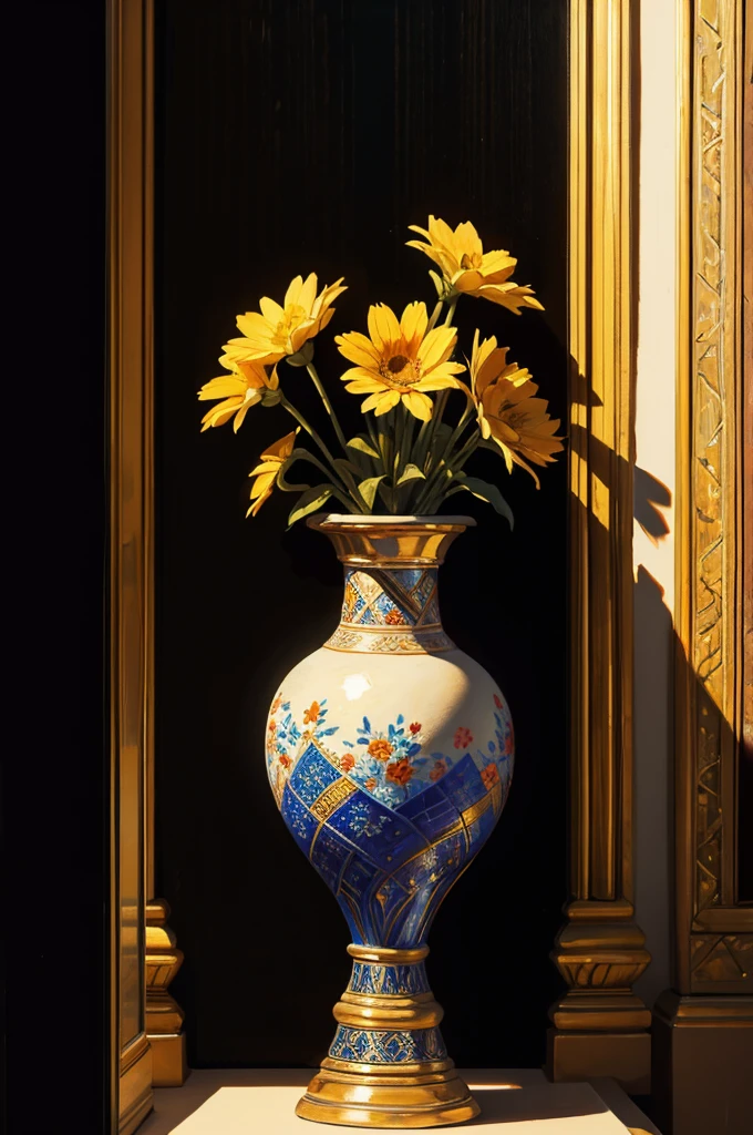 Oil painting depicting a vase of flowers, in an Islamic decor, high contrast, dramatic lighting, very textured brushstrokes