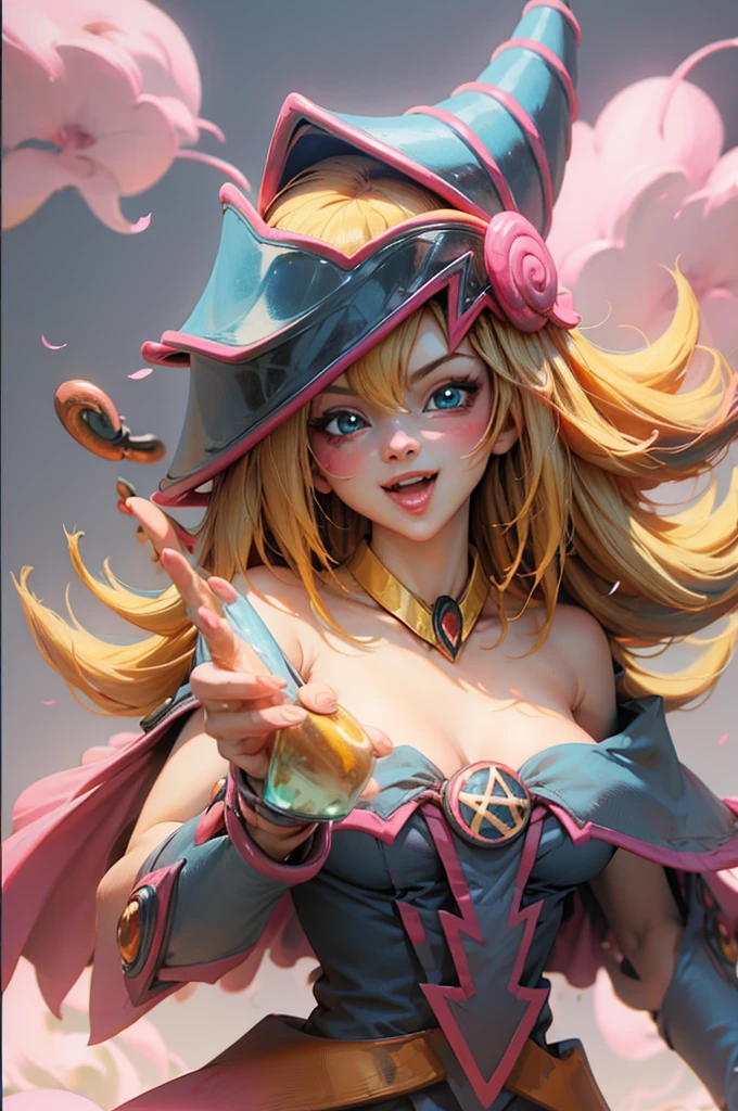 Create the beautiful face of dark magician gils. blue eyes. pink lips. white tea. blond hair. girl smile. Uncovered shoulders. Necklace on the neck. dark wizard gils face. His hands make the sign of peace and love. Peace and love in your hands.