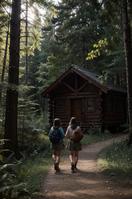 two young adventurers, They walk along a little-traveled path. They are looking for a mysterious cabin that, according to rumors, appears and disappears in the forest.( that they are scared)