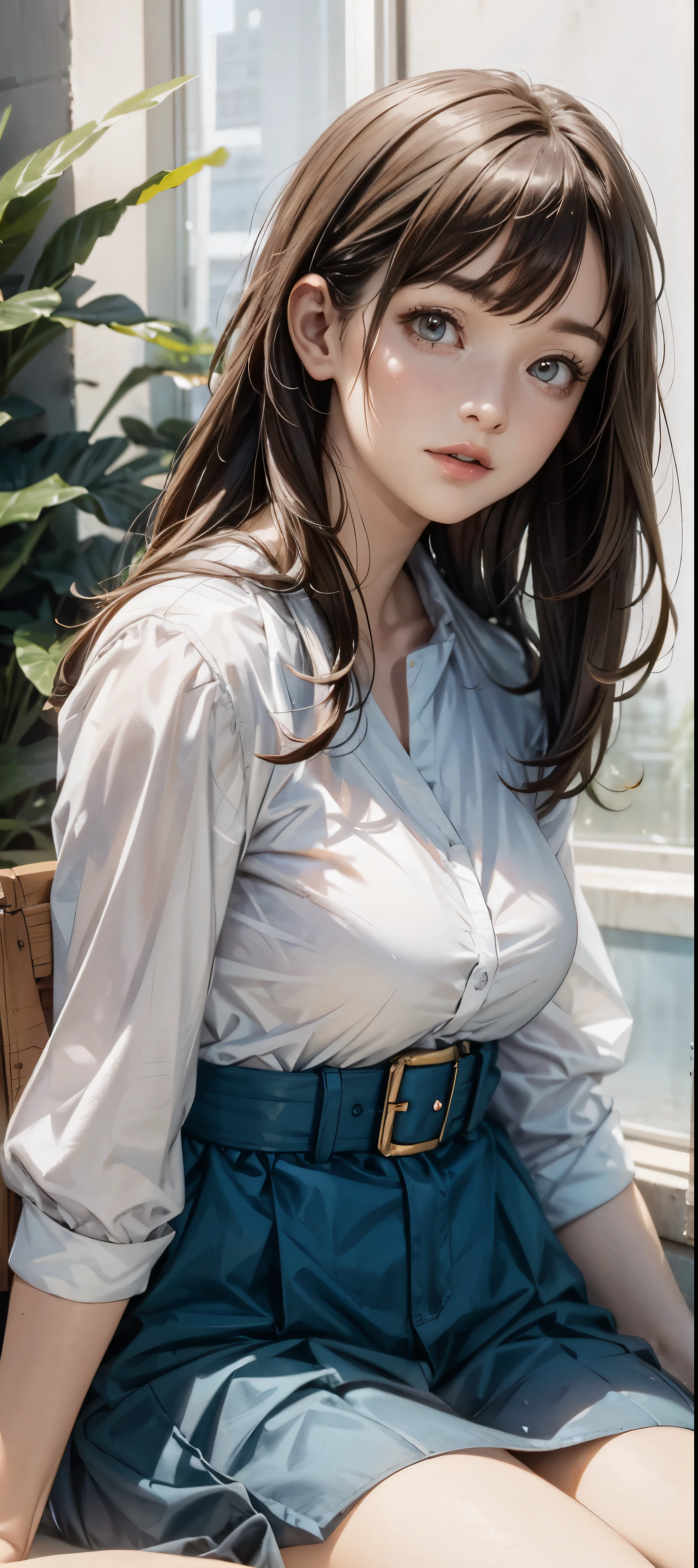 fille en vêtements d'été, blouse blanche, short bleu clair, collants ou bas longs, faisant comme si elle voulait t'embrasser, vue depuis le spectateur, seins moyens, clivage, fond aléatoire, regard coquette, ((Très détaillé)), (visage parfaitement détaillé), (main bien détaillée) image photoréaliste.