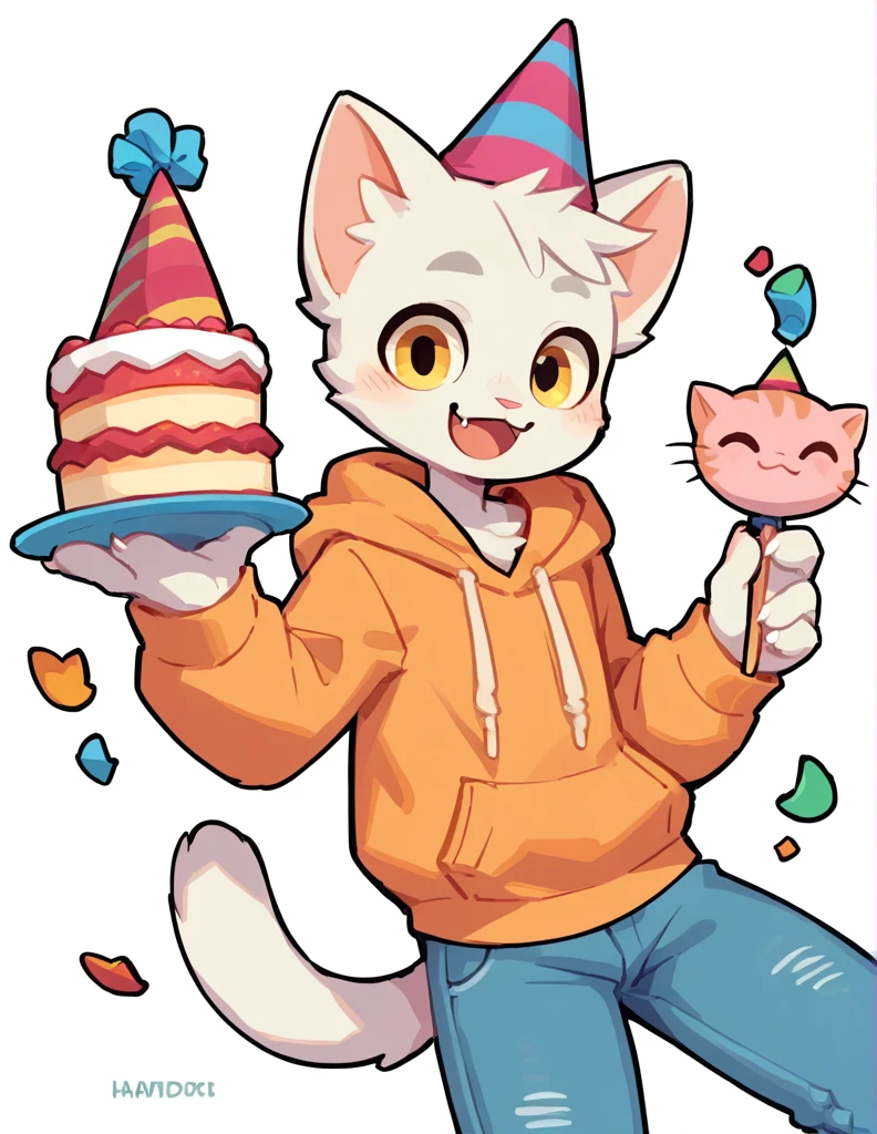 The Q version of the cute furry cat, holding a birthday cake, cute smile, happy, cute, male cat, party hat, hoodie, jeans, white background