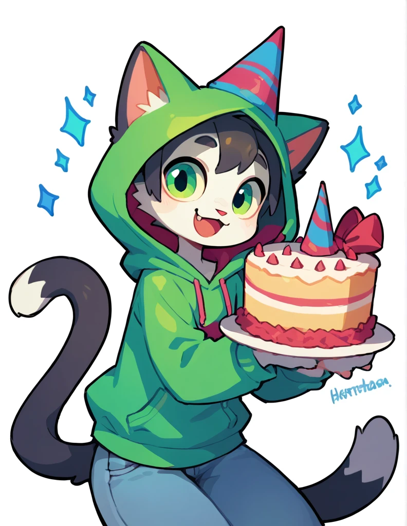 The Q version of the cute furry cat, holding a birthday cake, cute smile, happy, cute, male cat, party hat, hoodie, jeans, white background 