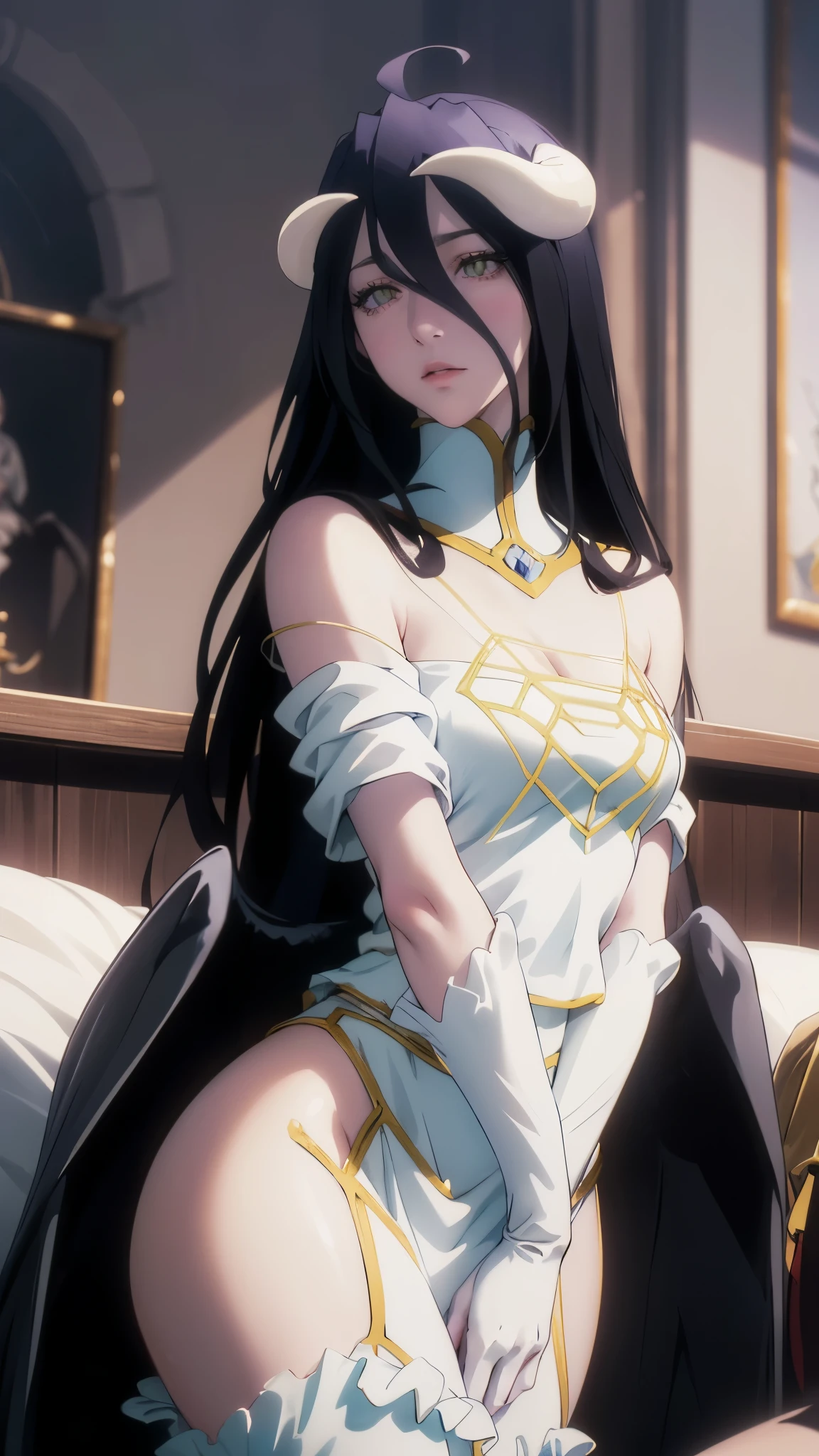 a beautiful young girl(Albedo (アルベド) - Overlord (オーバーロード)), 17 years old, with long and elegant legs, slender body, defined facial features, medium-sized breasts, sitting on a throne(sexy pose) with one leg crossed over the other, (best quality,4k,8k,highres,masterpiece:1.2),ultra-detailed,(realistic,photorealistic,photo-realistic:1.37),1girl, extremely detailed eyes and face, beautiful detailed eyes, beautiful detailed lips, longeyelashes, detailed figure, flowing hair, intricate throne, luxurious background, warm lighting, vibrant colors, fantasy style. Nsfw