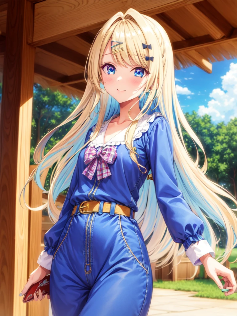 (best quality:1.1), (masterpiece:1.4), wallpaper, 1girl, solo, , , , , , runa_shirakawa, blonde hair, blue eyes, long hair, bangs, multicolored hair, , , hairclip, , , , , jumpsuit, , , HD-DVD