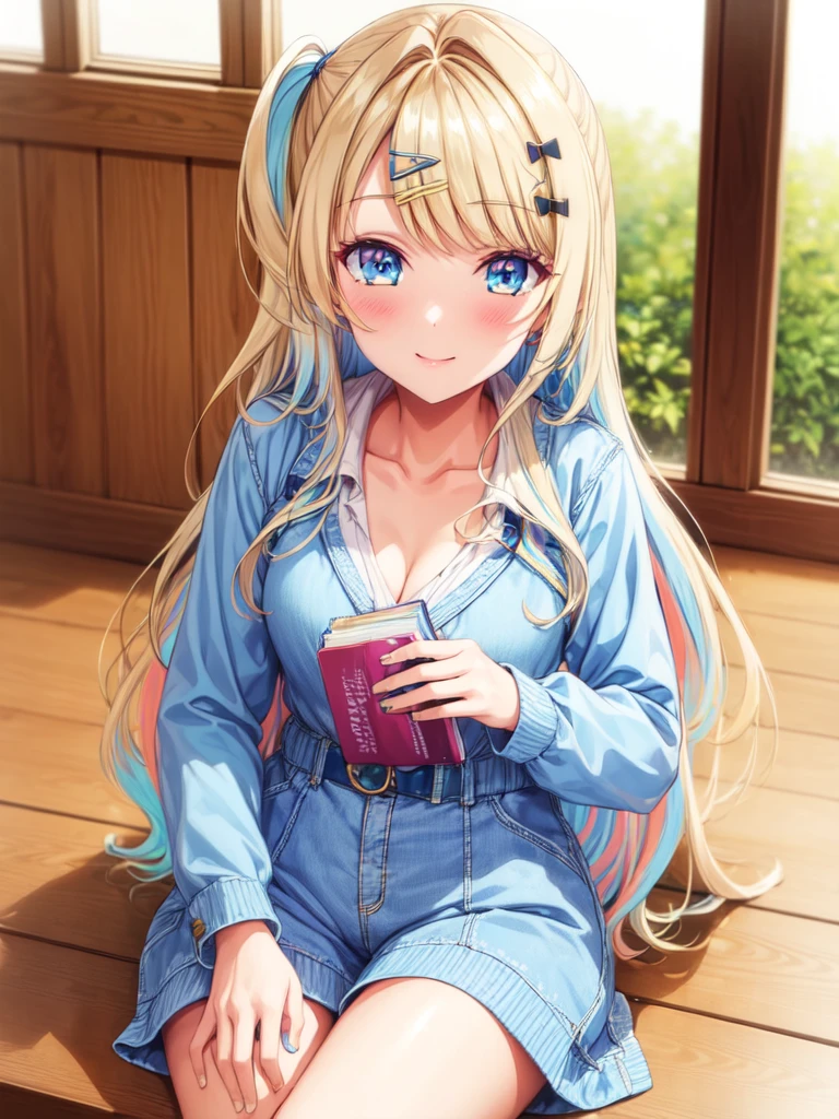 (best quality:1.1), (masterpiece:1.4), wallpaper, 1girl, solo, , , , , , runa_shirakawa, blonde hair, blue eyes, long hair, bangs, multicolored hair, , , hairclip, , , , , jumpsuit, , , HD-DVD