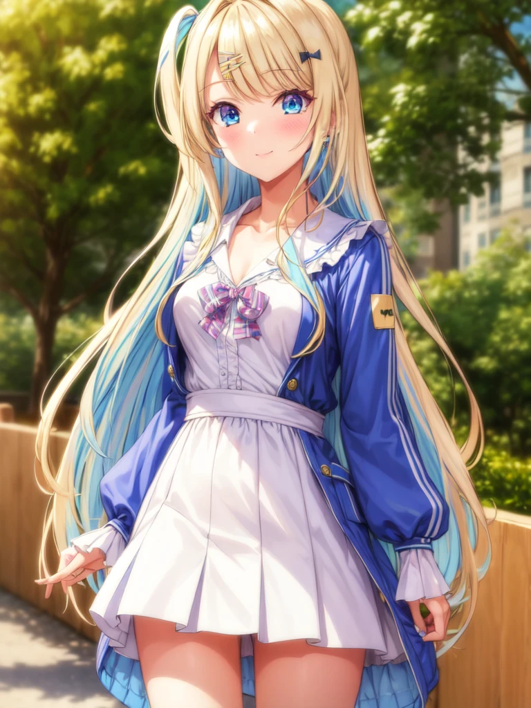 (best quality:1.1), (masterpiece:1.4), wallpaper, 1girl, solo, , , , , , runa_shirakawa, blonde hair, blue eyes, long hair, bangs, multicolored hair, , , hairclip, , , , , jumpsuit, , , HD-DVD