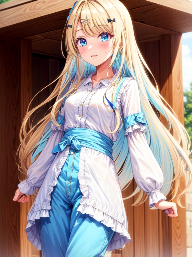 (best quality:1.1), (masterpiece:1.4), wallpaper, 1girl, solo, , , , , , runa_shirakawa, blonde hair, blue eyes, long hair, bangs, multicolored hair, , , hairclip, , , , , jumpsuit, , , HD-DVD