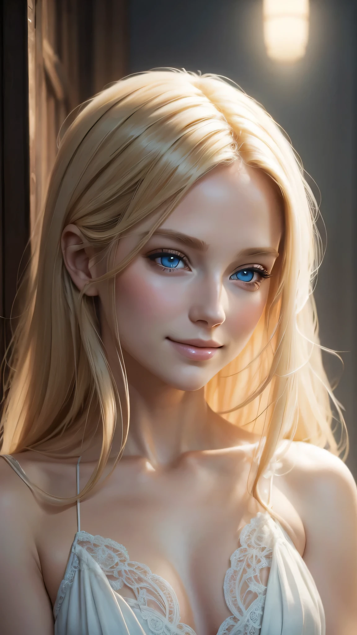 Blonde, White-skinned, Tall female,Naked,Open-mouthed,Touch your face