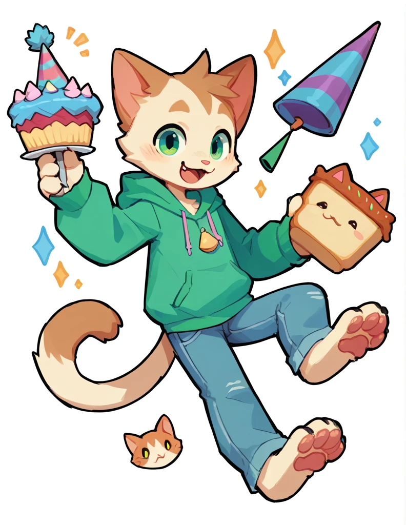 The Q version of the cute furry cat, holding a birthday cake, cute smile, happy, cute, male cat, paws, beans, party hat, hoodie, jeans, white background