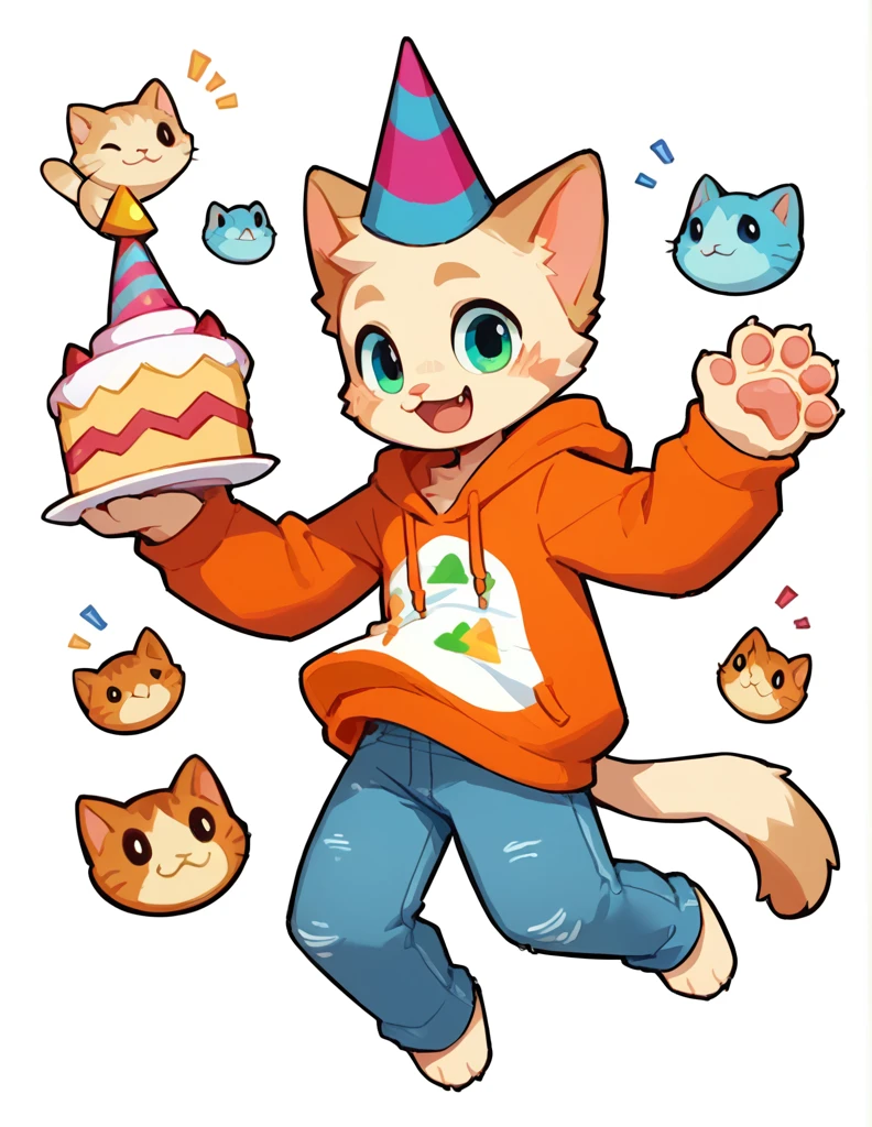 The Q version of the cute furry cat, holding a birthday cake, cute smile, happy, cute, male cat, paws, beans, party hat, hoodie, jeans, white background