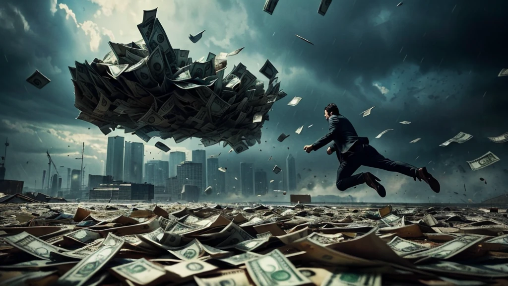 bags of cash falling from the sky, cinematic action, masterpiece, super detail, textured skin, atmospheric perspective, 