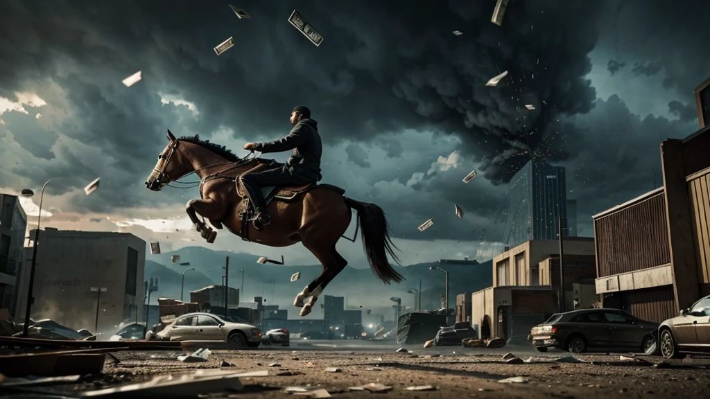 bags of cash falling from the sky, cinematic action, masterpiece, super detail, textured skin, atmospheric perspective,