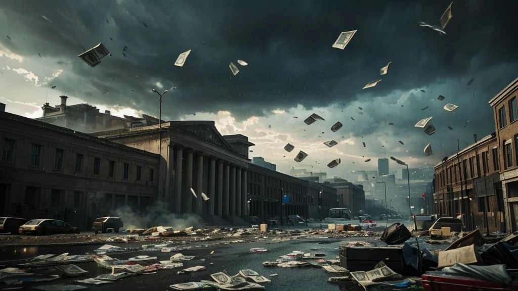 bags of cash falling from the sky, cinematic action, masterpiece, super detail, textured skin, atmospheric perspective,