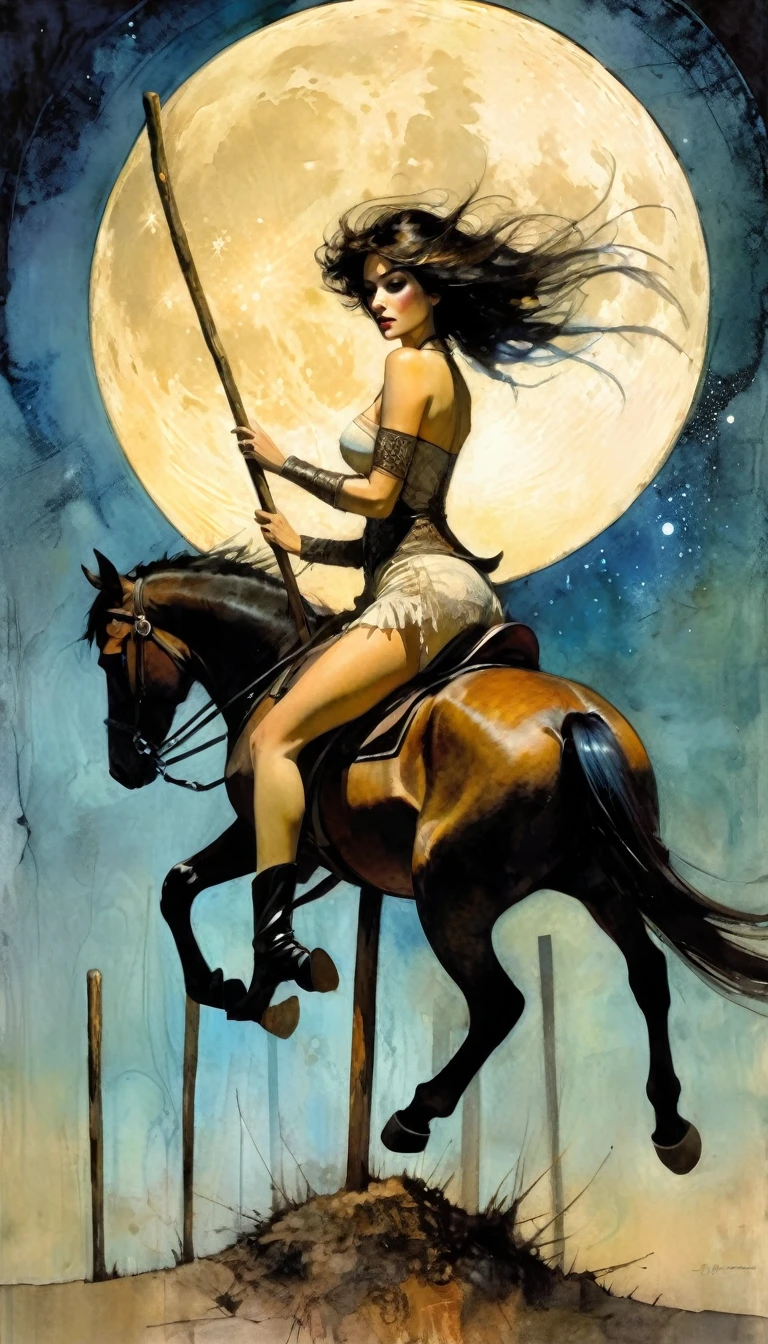 sexy woman riding a horse, holding a wooden stick, five wooden posts stuck in the ground, the moon (Bill Sienkiewicz inspired art, intricate details, oil painting)