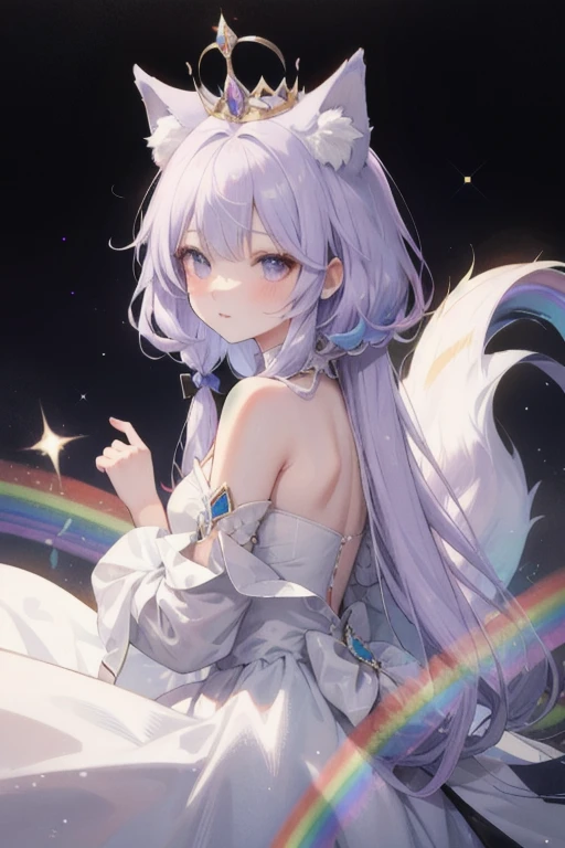 humanoid rainbow colored fox with crystal crown, light purple hair, fox ears, fox tails, and rainbow aura