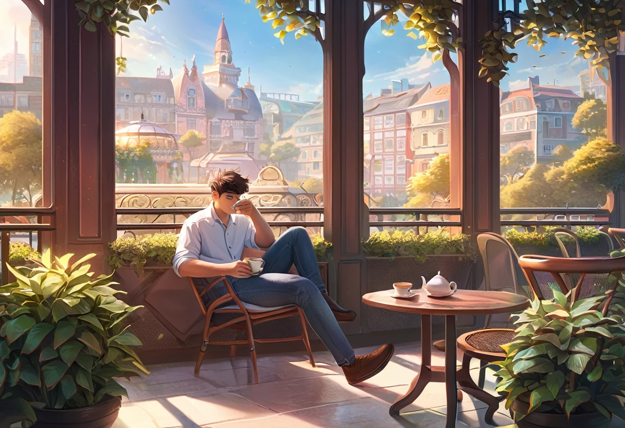 ((Masterpiece)), ((Best Quality)), (Very Detailed), ((Very Detailed)), 4K, (8K), very aesthetic, absurdres highres, A man in a casual shirt and jeans is relaxing on a chair and drinking tea on the terrace of a city cafe. There is a teacup in his hand, a plant and a cafe sign can be seen in the background. Bright daylight shines through and you can see the silhouettes of people walking down the street.