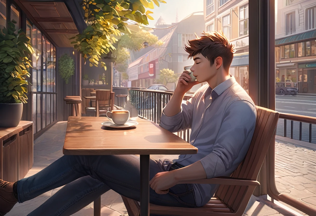 ((Masterpiece)), ((Best Quality)), (Very Detailed), ((Very Detailed)), 4K, (8K), very aesthetic, absurdres highres, A man in a casual shirt and jeans is relaxing on a chair and drinking tea on the terrace of a city cafe. There is a teacup in his hand, a plant and a cafe sign can be seen in the background. Bright daylight shines through and you can see the silhouettes of people walking down the street.