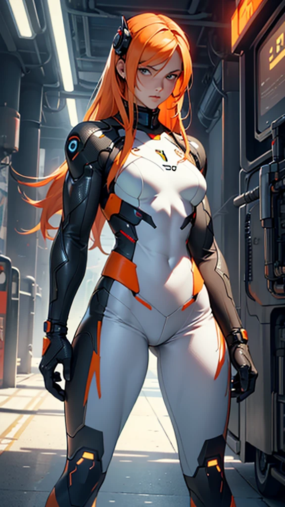 Beautiful cybernetic girl detailed muscles realistic masterpieces full figure pose (best quality,ultra-detailed), lite pale orange hair, fair skin, fit body, slim figure, narrow waist, large buttocks, (cocky expression), wearing a full carbon fiber cybernetic mobile battle suit