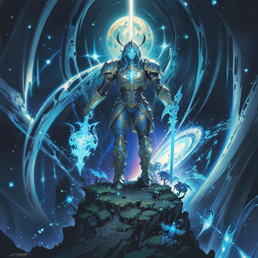 Rodney Matthews Style - celestial knight wearing heavy armor with ornate cape, holding enchanted sword. lush lunar landscape. alien flora. intricate alien castle. fireflies. paintedi