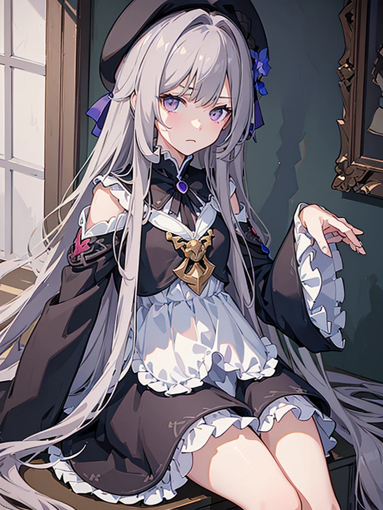 (best quality:1.3), (masterpiece:1.3), (illustration:1.3), (ultra-detailed:1.3), 1girl, solo, very young, flat chest, purple eyes, white hair, long hair, white dress, black coat, black headwear, beret, serious expression, angry expression, looking at viewer, indoors, short, sitting