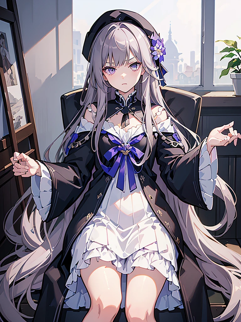 (best quality:1.3), (masterpiece:1.3), (illustration:1.3), (ultra-detailed:1.3), 1girl, solo, very young, flat chest, purple eyes, white hair, long hair, white dress, black coat, black headwear, beret, serious expression, angry expression, looking at viewer, indoors, short, sitting