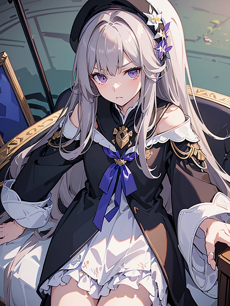 (best quality:1.3), (masterpiece:1.3), (illustration:1.3), (ultra-detailed:1.3), 1girl, solo, very young, flat chest, purple eyes, white hair, long hair, white dress, black coat, black headwear, beret, serious expression, angry expression, looking at viewer, indoors, short, sitting