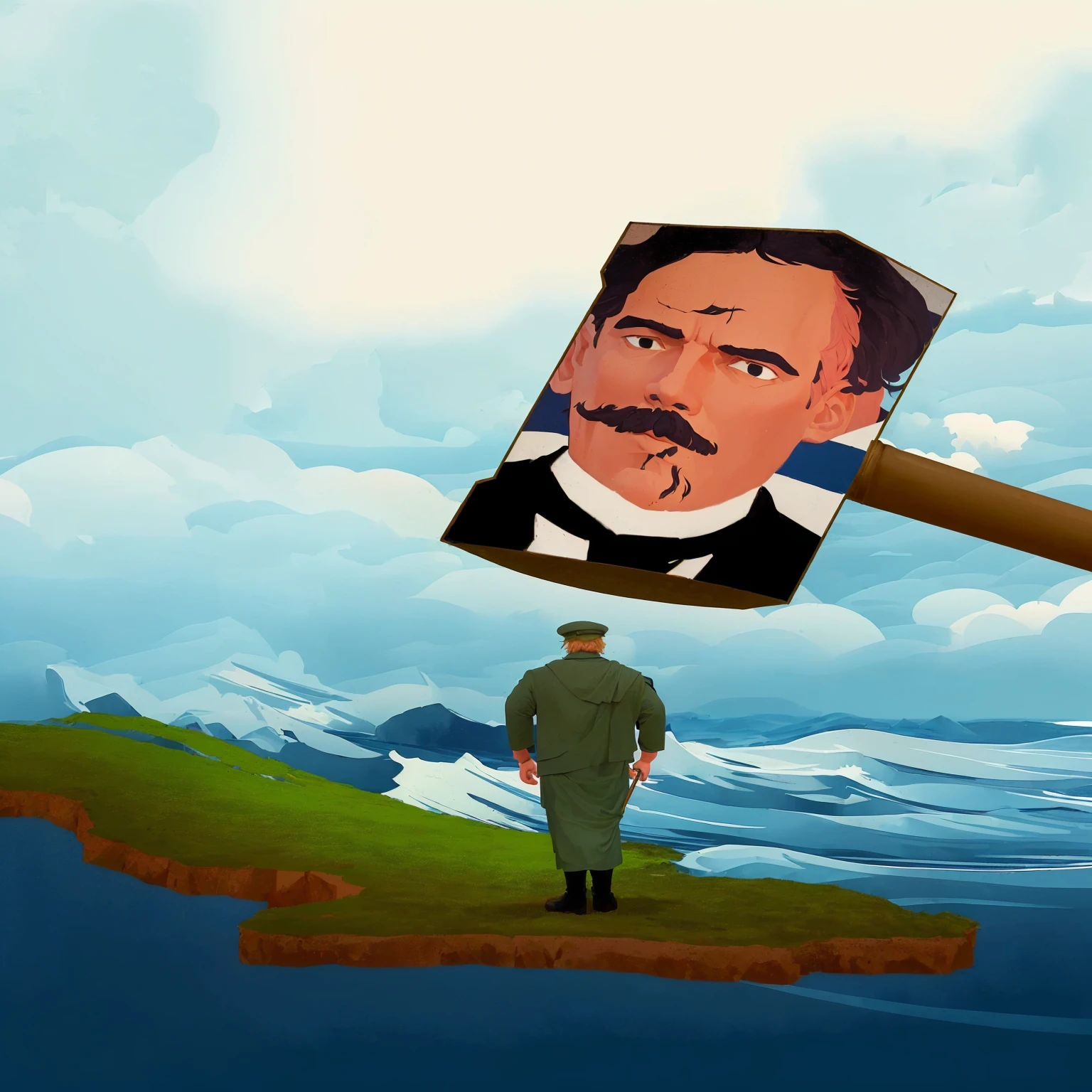 there is a man standing on a small island with a giant hammer, inspired by Hugo Simberg, inspirado em Mikhail Yuryevich Lermontov, inspired by Otto Frölicher, taras shevchenko style, inspired by Józef Szermentowski, inspired by Eduard von Steinle, inspired by Félix Vallotton