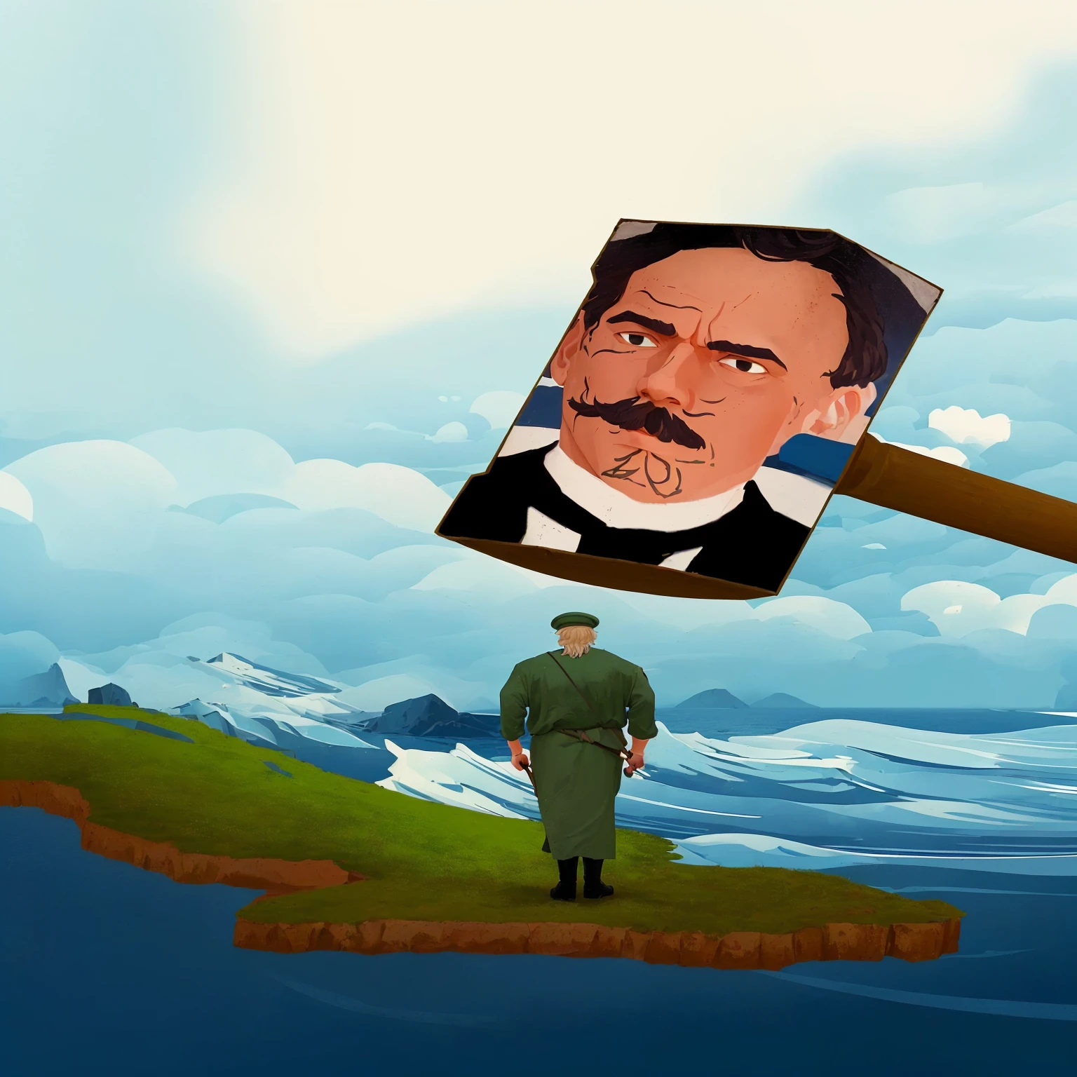 there is a man standing on a small island with a giant hammer, inspired by Hugo Simberg, inspirado em Mikhail Yuryevich Lermontov, inspired by Otto Frölicher, taras shevchenko style, inspired by Józef Szermentowski, inspired by Eduard von Steinle, inspired by Félix Vallotton