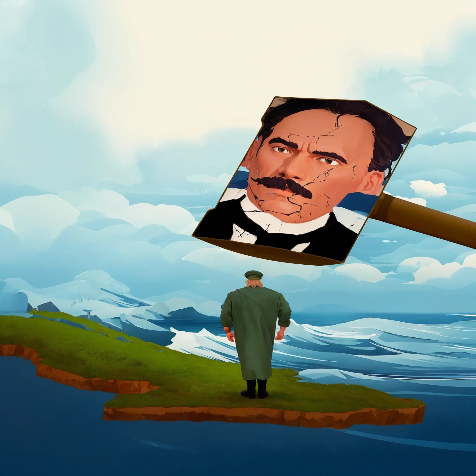 there is a man standing on a small island with a giant hammer, inspired by Hugo Simberg, inspirado em Mikhail Yuryevich Lermontov, inspired by Otto Frölicher, taras shevchenko style, inspired by Józef Szermentowski, inspired by Eduard von Steinle, inspired by Félix Vallotton