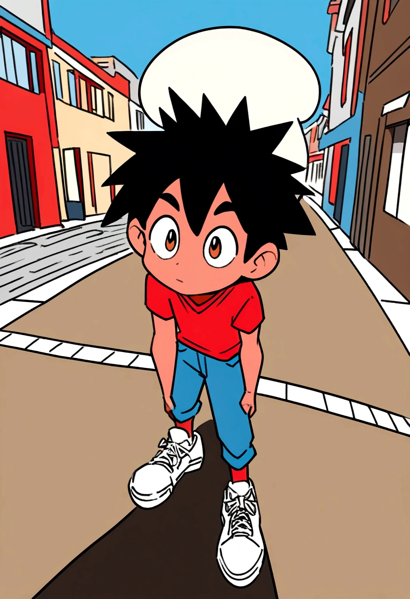 Cel shading, 2D flat color, toon shading, 1 character, Sam is a male 32-years-old with brown eyes, black hair, short, spiky haircut using a red T-shirt, blue jeans, white sneakers with black watch. Extremely close up shot of Sam's face, he is happy. Background: urban street, epic background, depth of field, ultra-wide-angle, facing forward, dynamic pose.