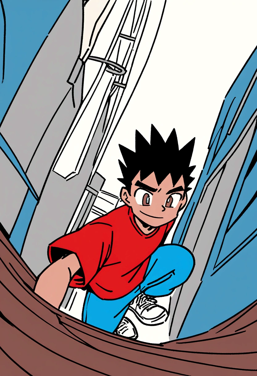 Cel shading, 2D flat color, toon shading, 1 character, Sam is a male 32-years-old with brown eyes, black hair, short, spiky haircut using a red T-shirt, blue jeans, white sneakers with black watch. Extremely close up shot of Sam's face, he is happy. Background: urban street, epic background, depth of field, ultra-wide-angle, facing forward, dynamic pose.