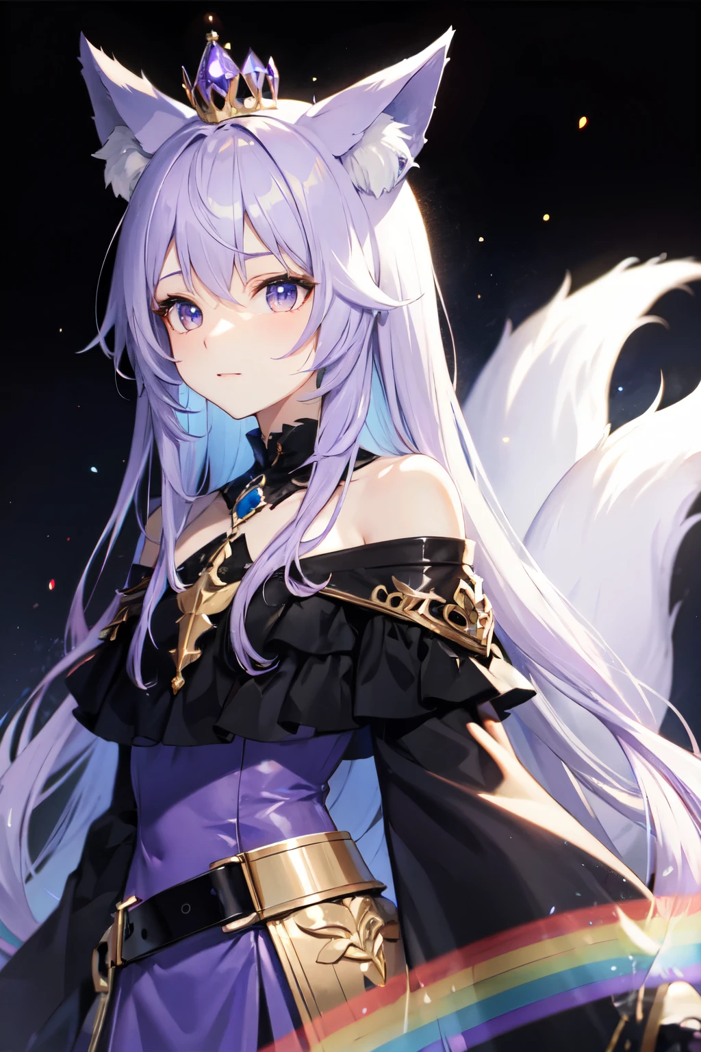 humanoid rainbow colored fox with crystal crown, light purple hair, fox ears, fox tails, and rainbow aura