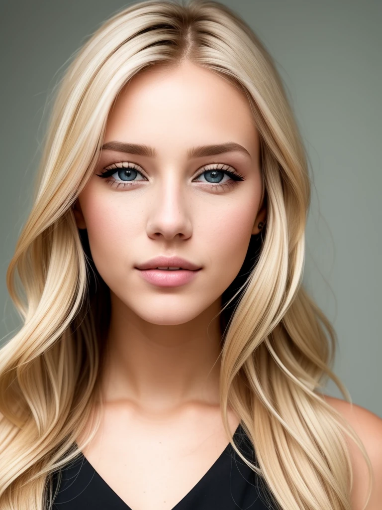 a normal blond hair 25 year old Model lady that beautiful face gray eyes little bit and black dot on face under the lip