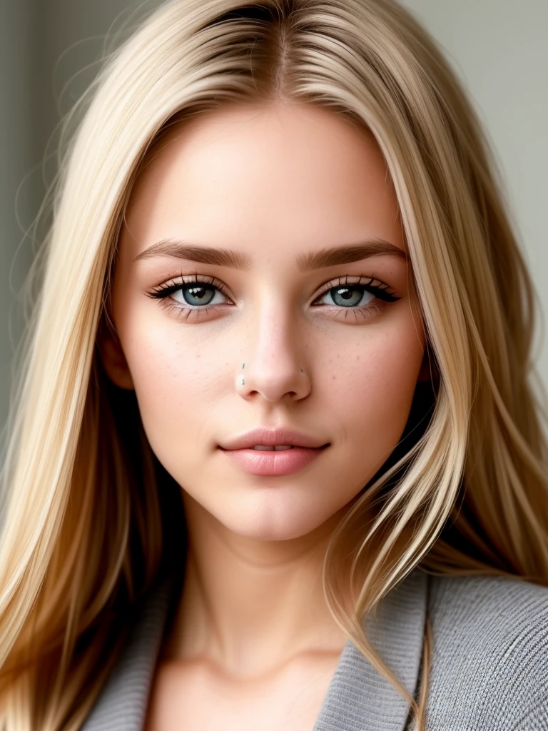 a normal blond hair 25 year old Model lady that beautiful face gray eyes little bit and black dot on face under the lip
