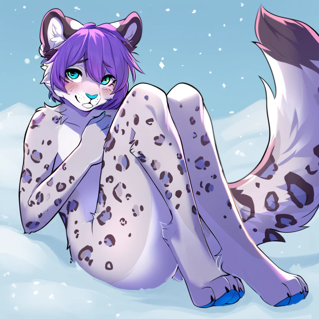 adult, feline, mammal, anthro, anthromorphic, snow, leopard, striped_feline, fur, furred_anthro, fluffy_tail. femboy, male, bangs, ear_tufts, blue_nose, blue_fingers, hair_tuft, hair_between_eyes, short_tail, fluffy, feline_ears, expressive_eyes, purple_hair, light looking_at_viewer, legs, legs_visible, thighs, blue_paws, blue_fur, shy, small_pupils, spotted_pattern, stripes, tail, tail_connected_to_body tiger_stripes, digital_art, high_resolution, high_res, tealblue_background fit, posing, laying_down



