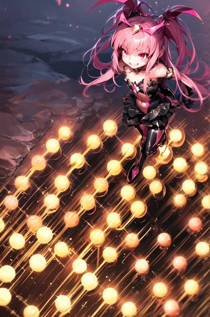 1 Girl, bad_end_Pretty Cure, bad_end_Happy,Pink Hair, Pink Eyes, Ruffled bodysuit, Are standing, Finding, jump, magic, Masterpiece Therapy_Happy, Red Gem、Wicked Smile, Dark world background, Red Moon, Cloudy sky, CG Style,deep shaded face,sadistic smile,Malice,contempt,laugh at,