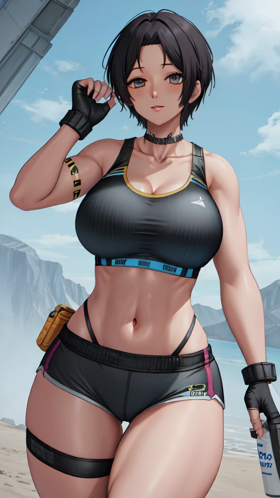 sports bra,stomach,thighs ,short shorts,navel ,fingerless gloves ,collarbone,
