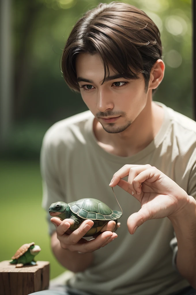 /imagine prompt: "A man gently holding a mini turtle in his hand, focusing on the details of the turtle and the hand, nblurry background, soft, natural lighting."