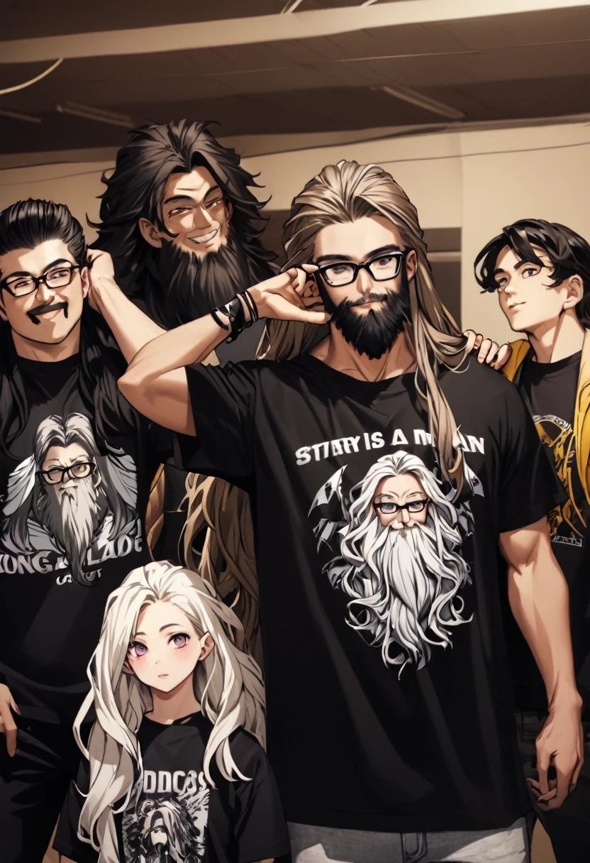 there is a man with long hair and glasses posing for a picture, with long, curly hair, longos blackquality hair ondulados e óculos, long beard, long beard, blackquality hair, black beard, band shirt, young man