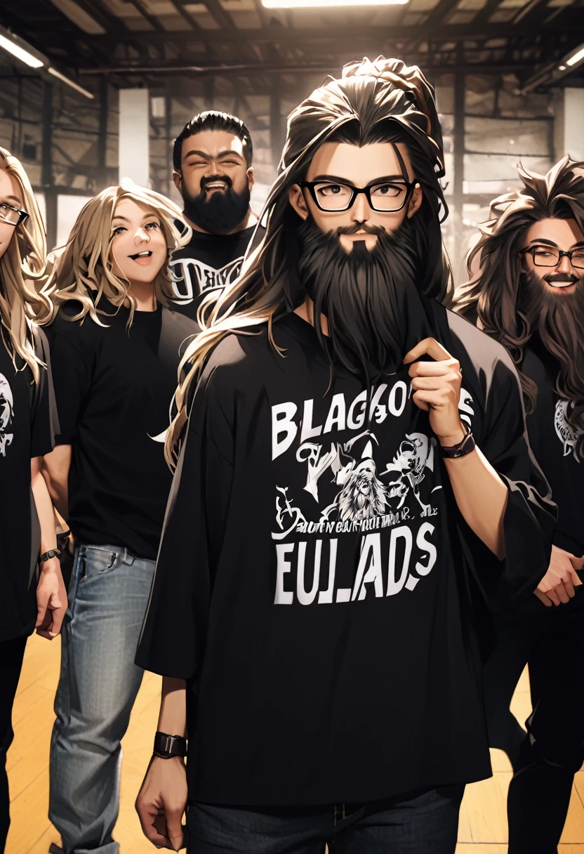 there is a man with long hair and glasses posing for a picture, with long, curly hair, longos blackquality hair ondulados e óculos, long beard, long beard, blackquality hair, black beard, band shirt, young man