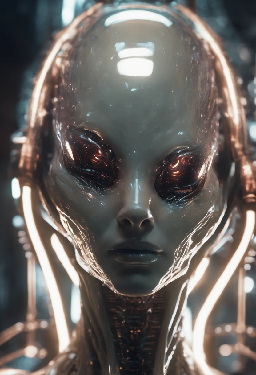 Van Terchall, Translucent ethereal alien with delicate features on a sci-fi setting, Shine from the inside out, Sparks and lights, Do lado de fora, moonligh, Close-up, Realistic, highly detailed, complex