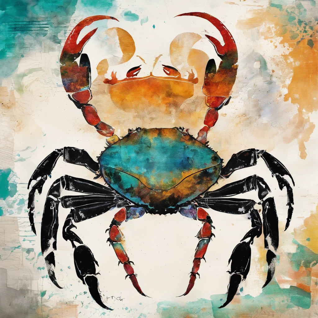 Crabe tourteau imposant vindicatif massif autoritaire aux grosses pattes, serieux, froid, regard dominant, posture dominateur, fond mer gelee plage glacee ::2 colorful ink painting ::2 fantastic art
