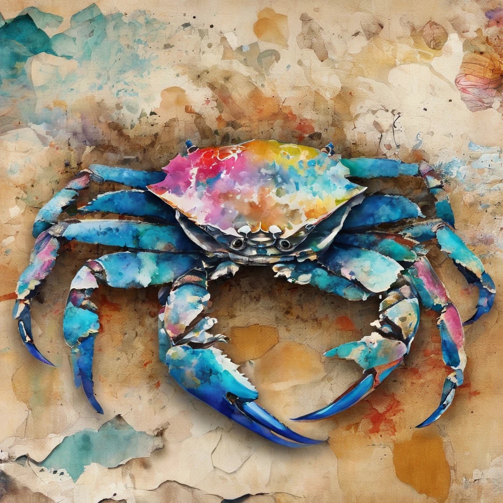 Crabe tourteau imposant vindicatif massif autoritaire aux grosses pattes, serieux, froid, regard dominant, posture dominateur, fond mer gelee plage glacee ::2 colorful ink painting ::2 fantastic art
