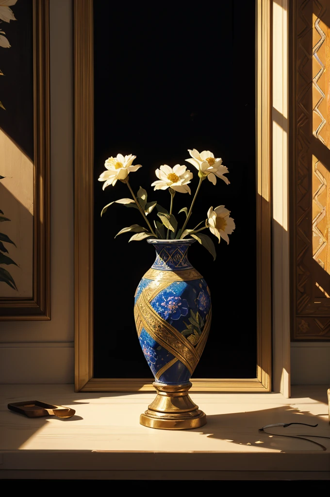 Oil painting depicting a vase of flowers, in an Islamic decor, high contrast, dramatic lighting, very textured brushstrokes