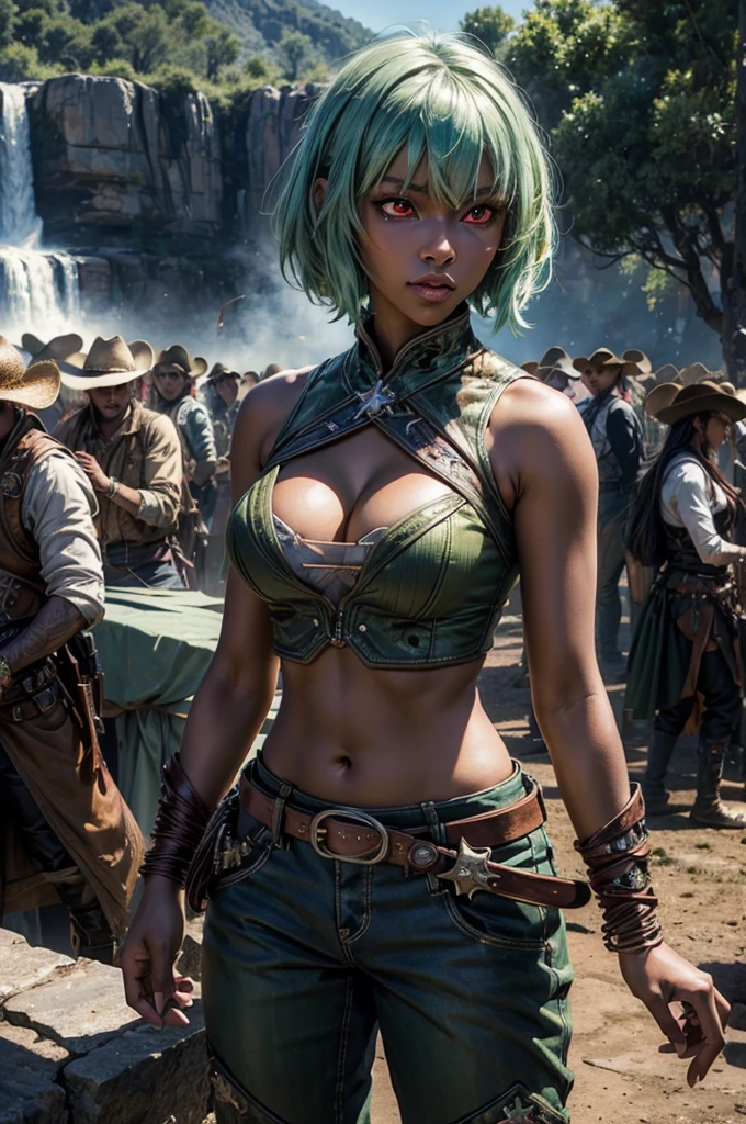 emeraldsustrai, emerald sustrai, short hair, (red eyes:1.5), (green hair), dark skin, dark-skinned female, navel, cleavage, midriff, belt, cleavage cutout, chaps, outdoors, wedding, lavish wedding reception, on hill, overlooking valley, mountains in background, waterfall, tables, crowd, (crowd in military dress), (volumetric lighting),  intricate details, tonemapping, sharp focus, hyper detailed, (cowboy shot:1.5), BREAK (masterpiece:1.2), best quality, high resolution, unity 8k wallpaper, (illustration:0.8), (beautiful detailed eyes:1.6), extremely detailed face, perfect lighting, extremely detailed CG, (perfect hands, perfect anatomy),